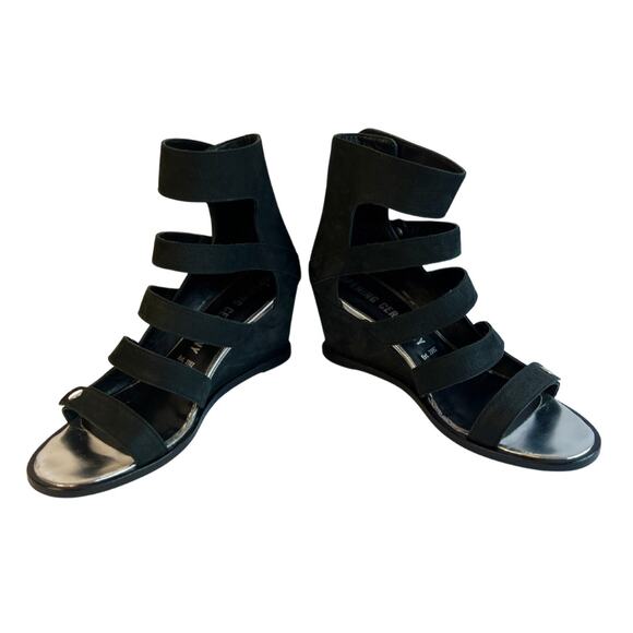OPENING CEREMONY Black Leather Strappy Snap Button Wedge Sandal Size 7.5 /38 - Picture 2 of 8